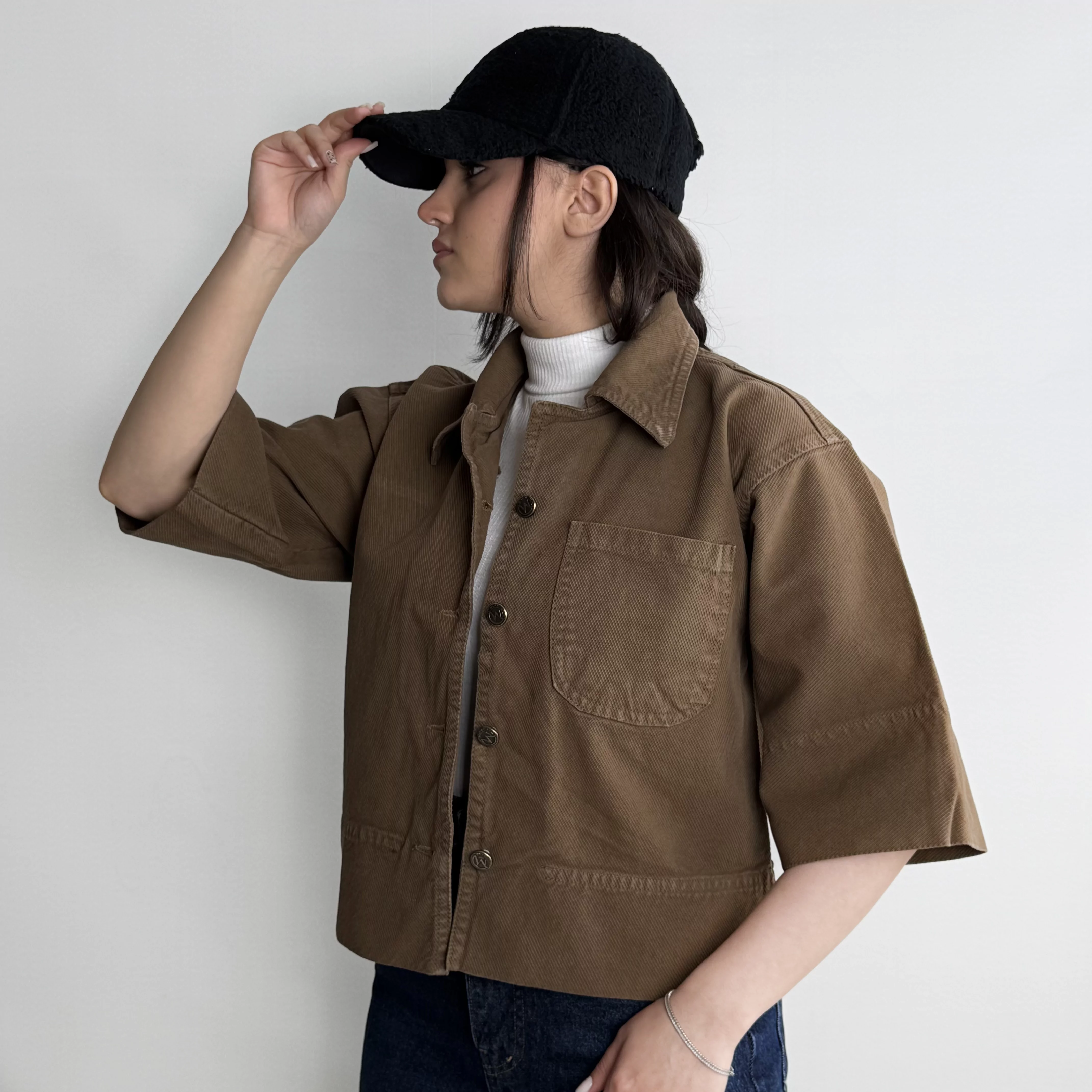 کت کوتاه آستین سه ربع زنانه قهوه ای 