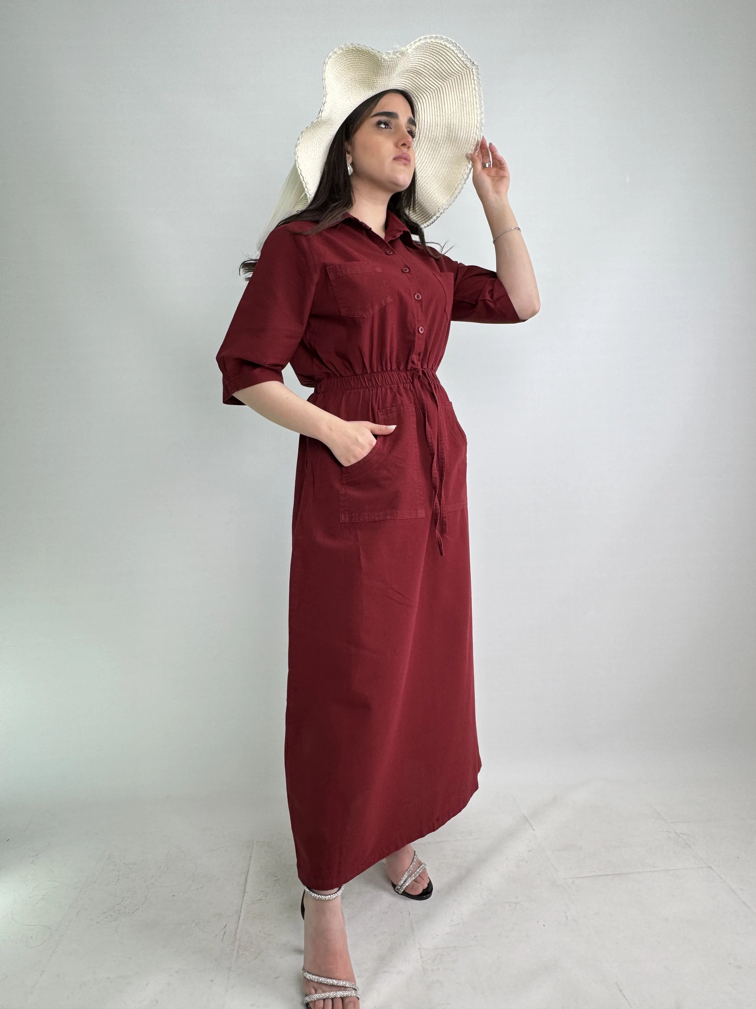 پیراهن ساحلی کتان زنانه زرشکی روشن