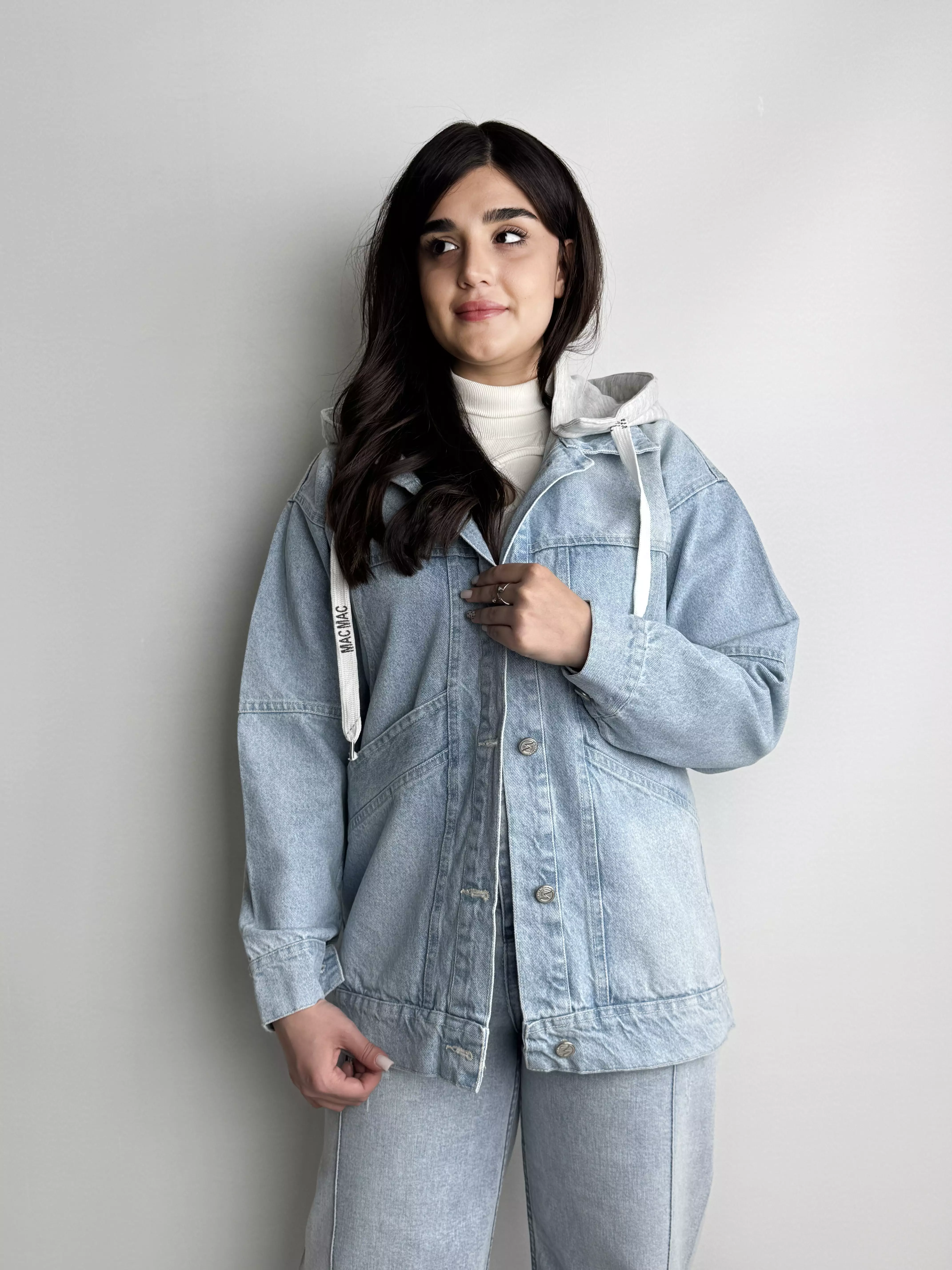 کت جین بلند زنانه کلاه دورس یخی