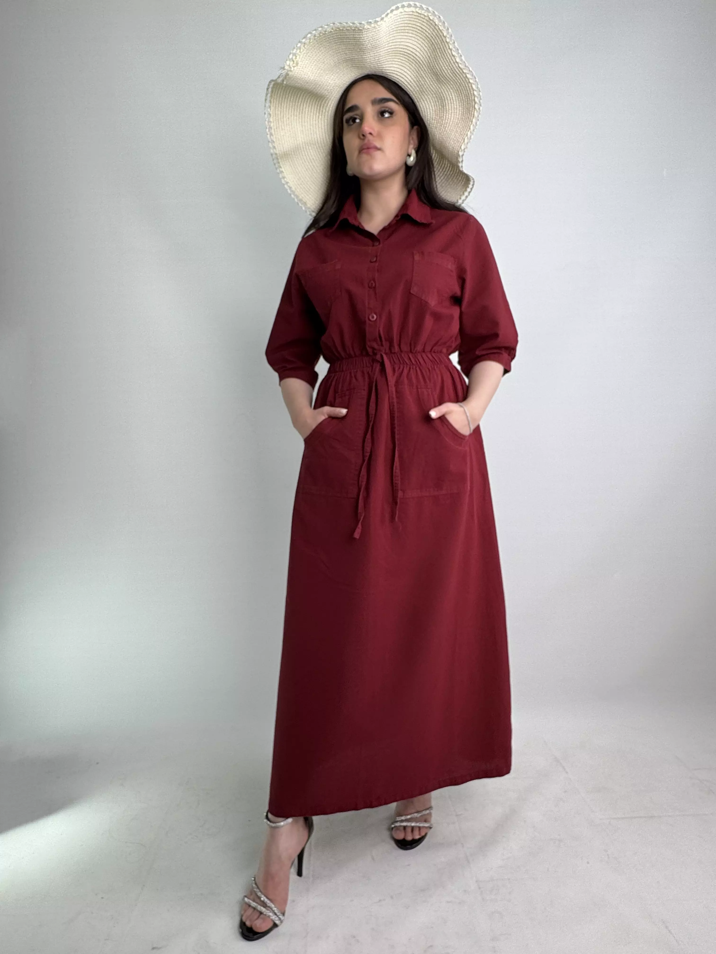 پیراهن ساحلی کتان زنانه زرشکی روشن