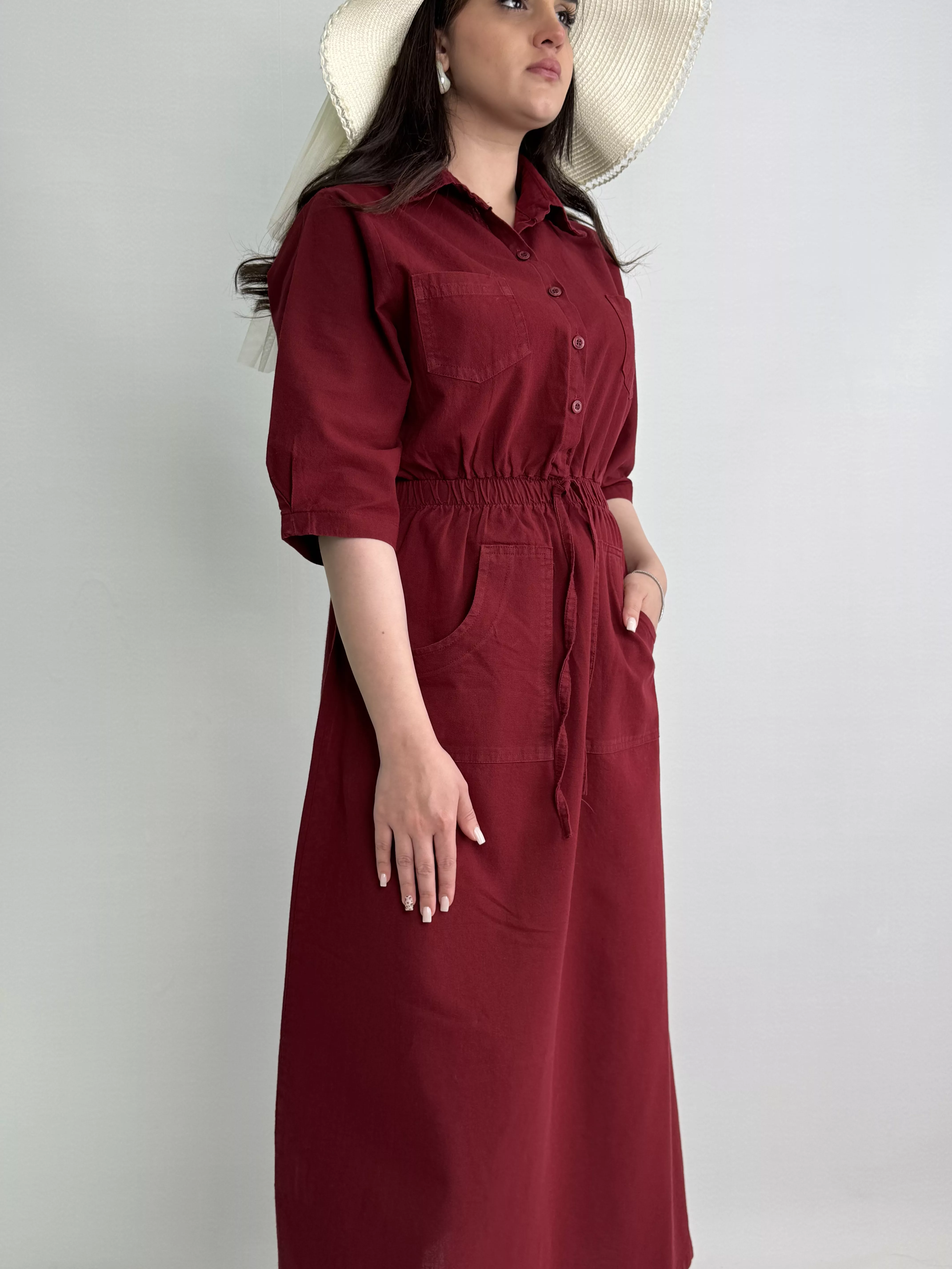 پیراهن ساحلی کتان زنانه زرشکی روشن