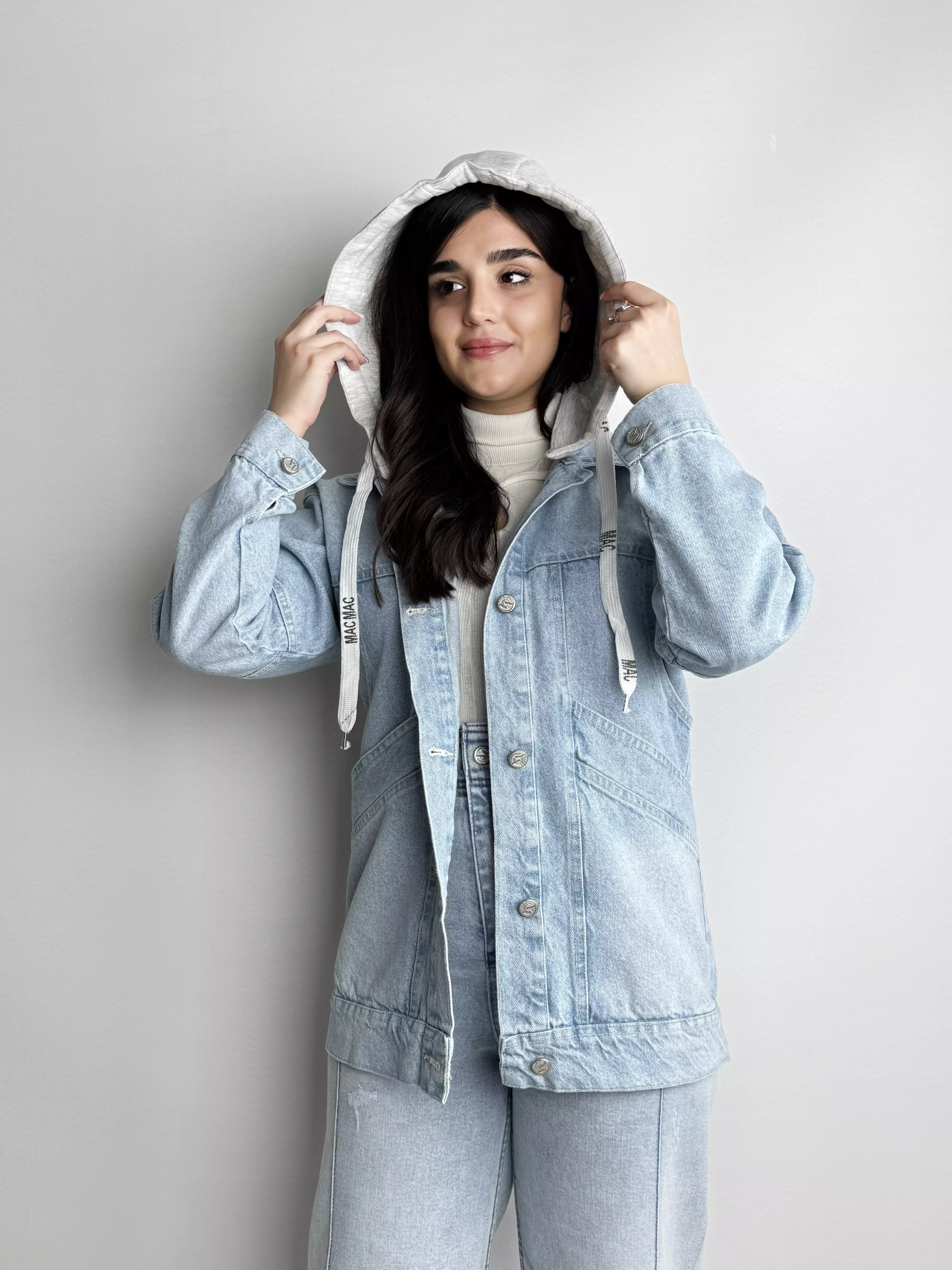 کت جین بلند زنانه کلاه دورس یخی