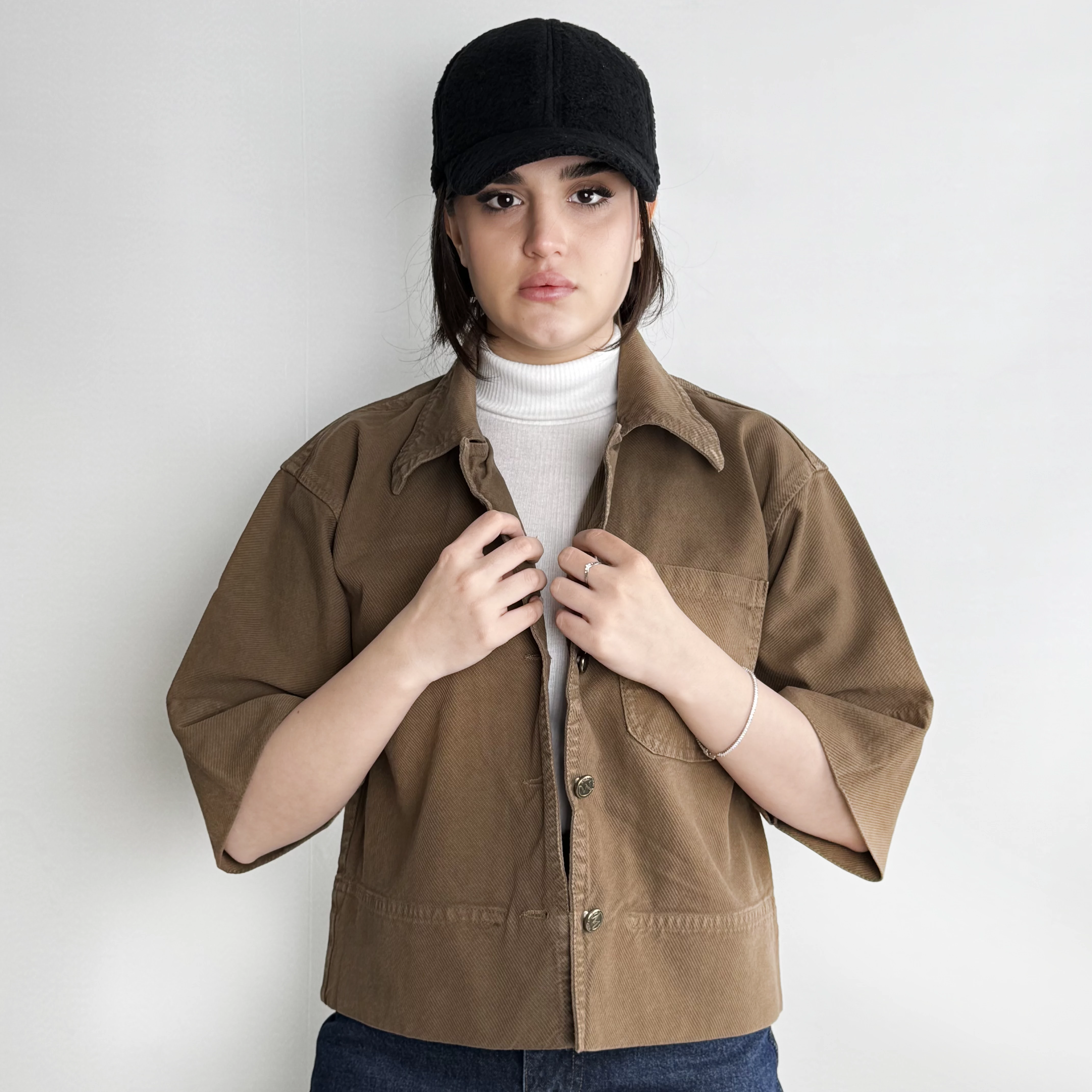 کت کوتاه آستین سه ربع زنانه قهوه ای 