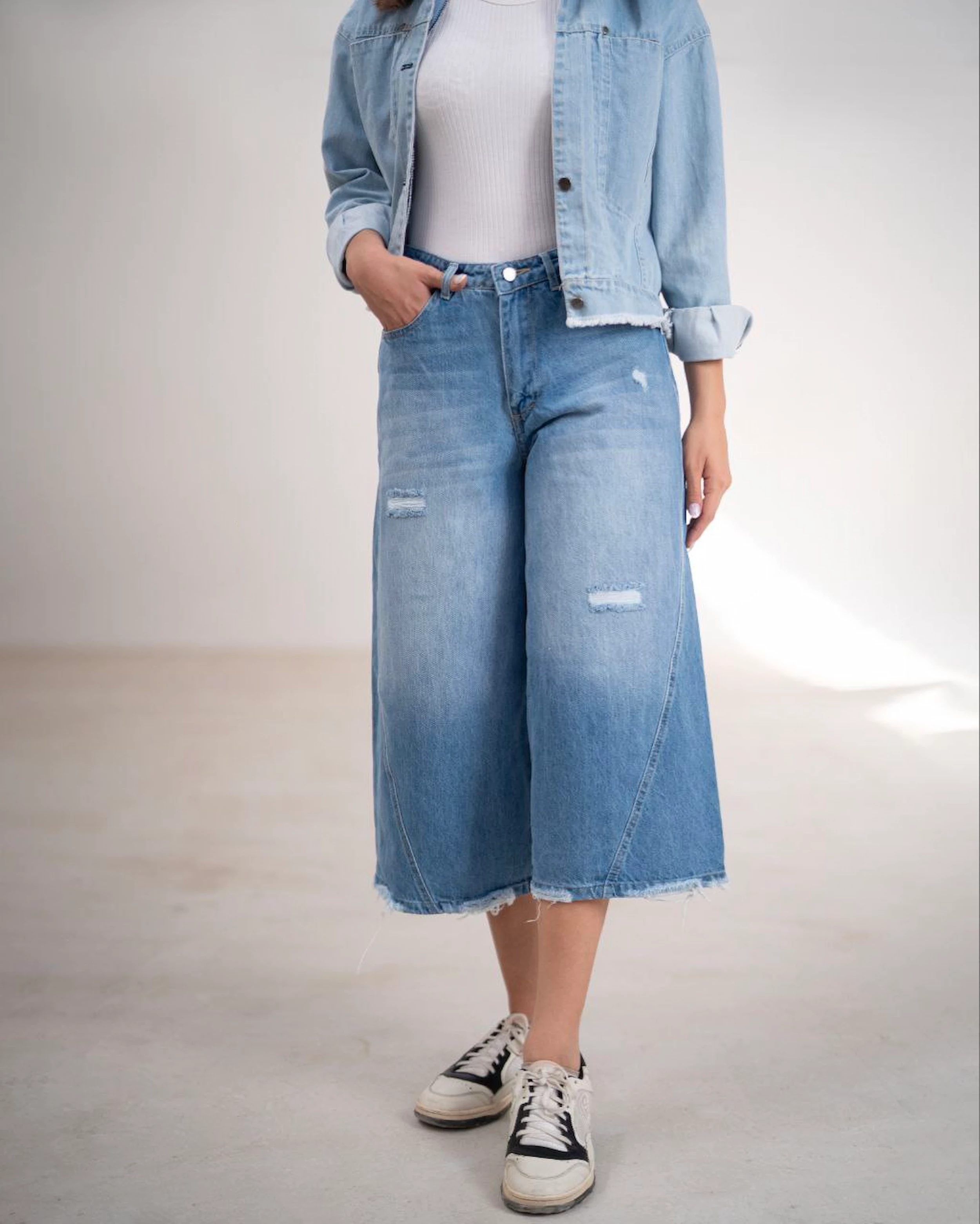 شلوار جین شافل زنانه قد 90 کمر ساده آبی دریایی